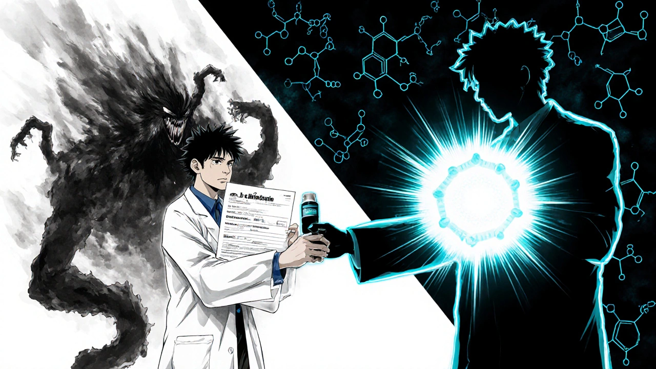 A doctor hands a patient two contrasting prescriptions—one with a dangerous monster, the other with a protective shield.