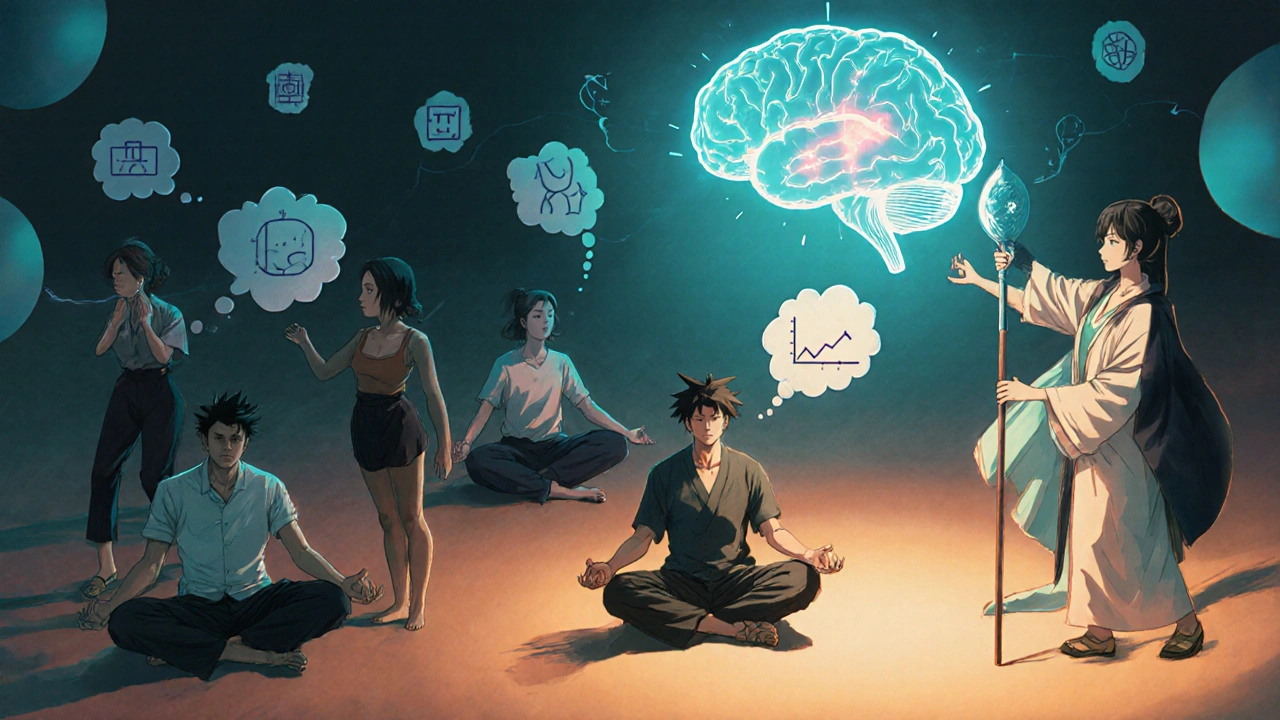 A group of patients in a rehabilitation program surrounded by floating brain maps and therapy icons, under warm, hopeful lighting.
