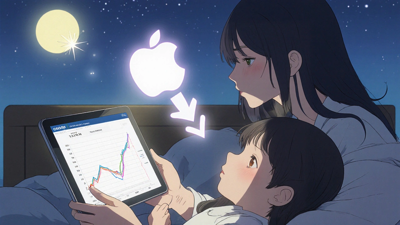 A mother watches her sleeping child, with a CGM trend arrow and a carb icon floating nearby.