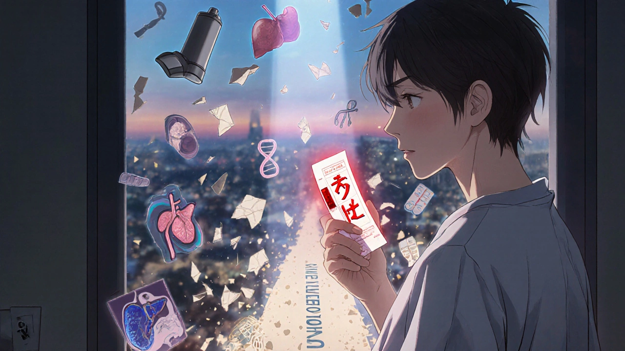 A patient holding a blood test with ZZ genotype, surrounded by crumbling medical icons, lit by a beam of hope.