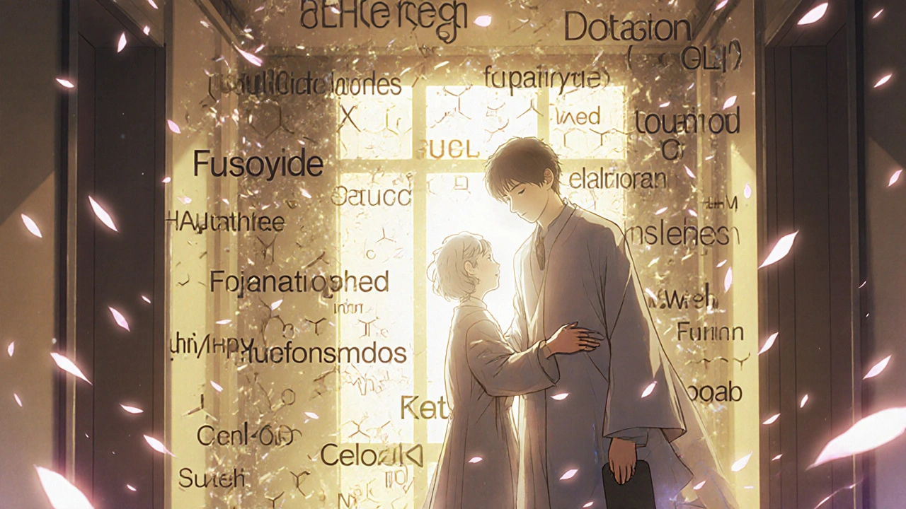 A pharmacist comforts a patient as drug names dissolve behind them, safe medications shining like stained glass.