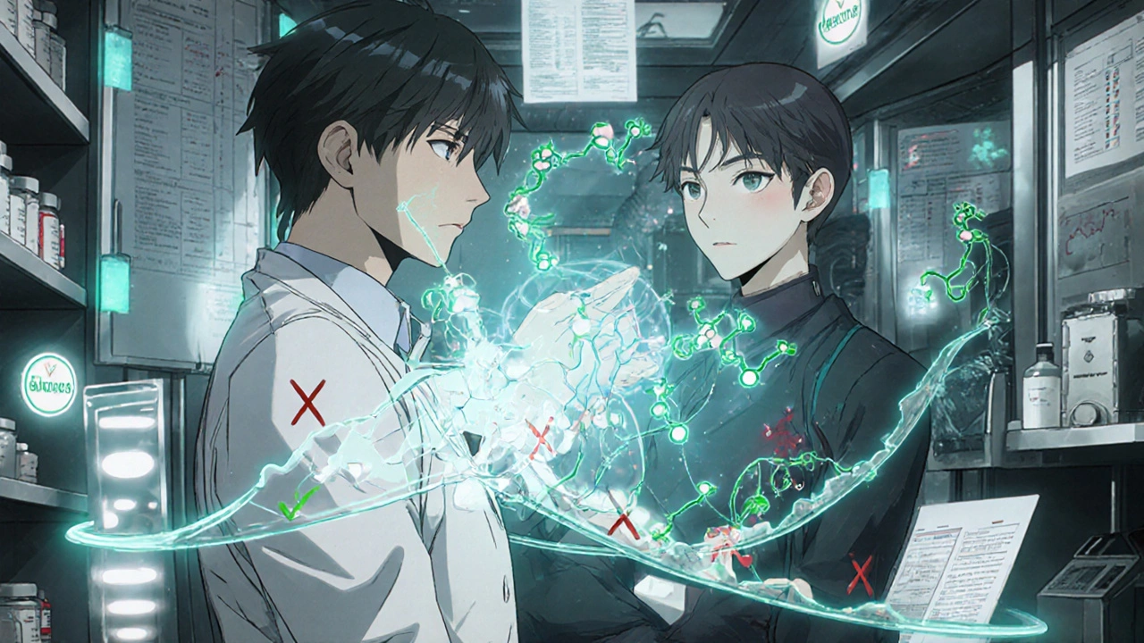 A pharmacist scanning DNA with a holographic CYP3A4 map showing safe and dangerous drugs, cyclosporine glowing above like a sigil.