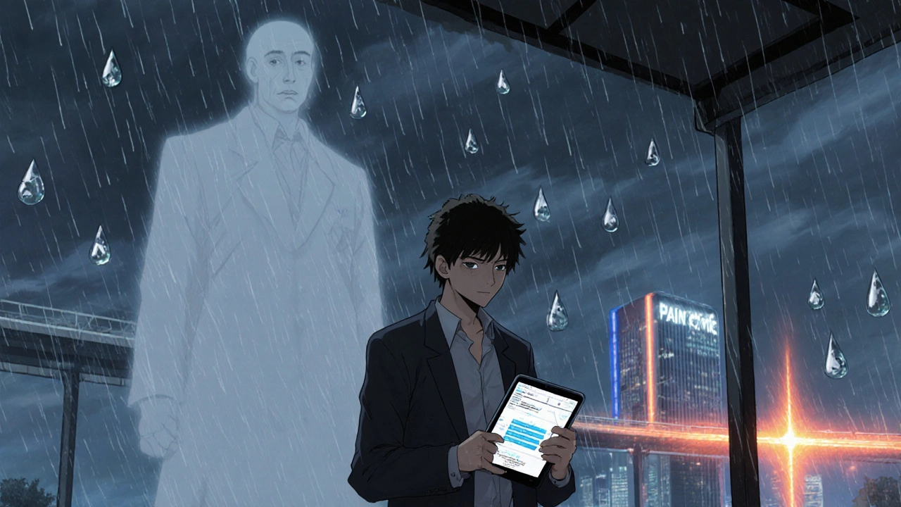 A rural patient holds a tablet showing telehealth pain care, while a fading doctor figure vanishes in the rain, with a distant glowing bridge ahead.