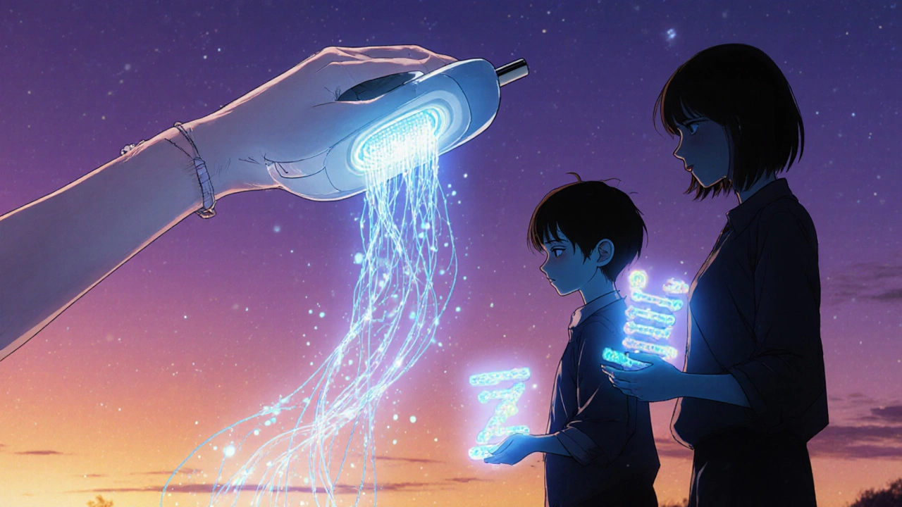 A subcutaneous AAT device emitting blue light into the bloodstream, with a family connected by glowing DNA threads.