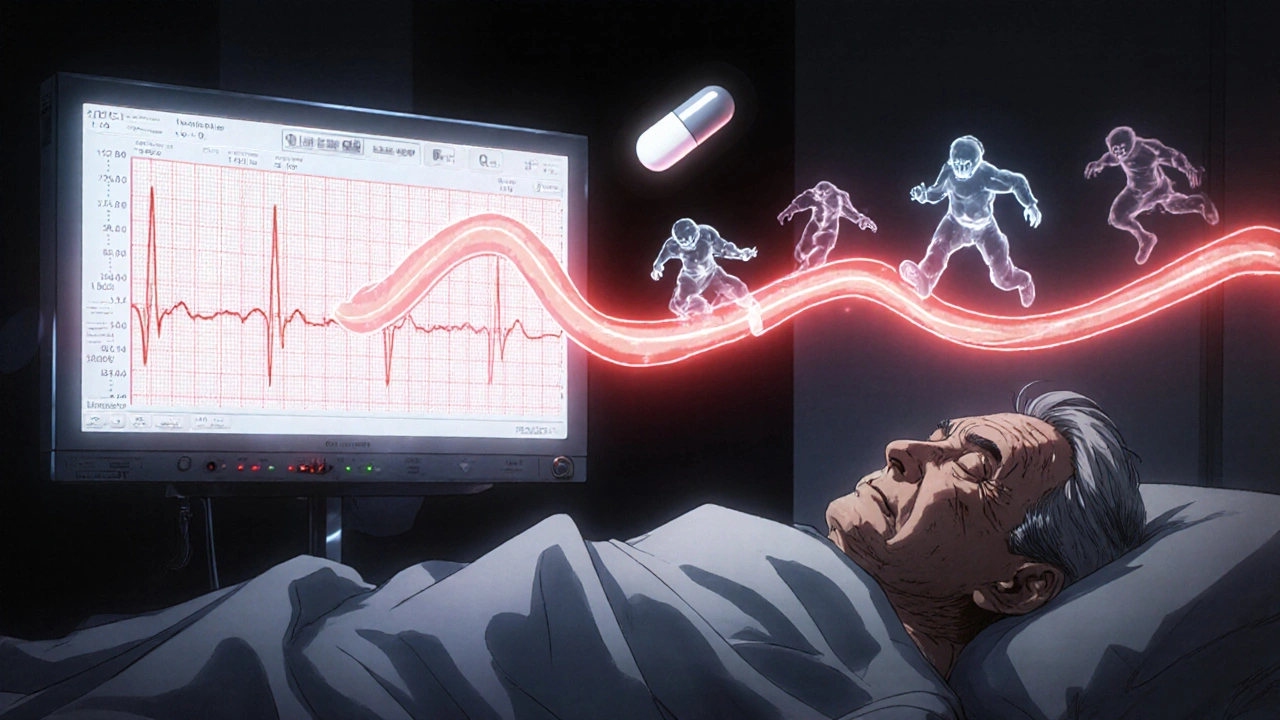 An ECG monitor showing a dangerously prolonged QT interval in a dim hospital room.