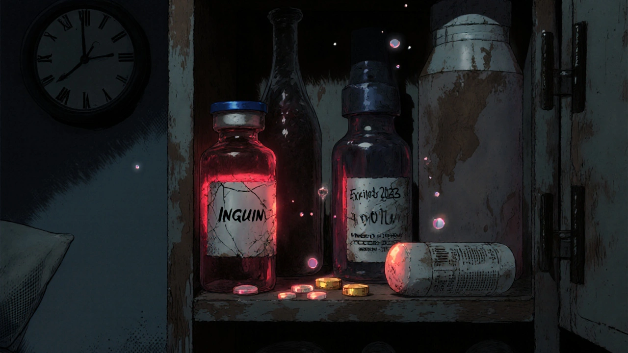 An open medicine cabinet with expired pills glowing red and gold, lit by dim morning light, detailed labels and dust particles visible.