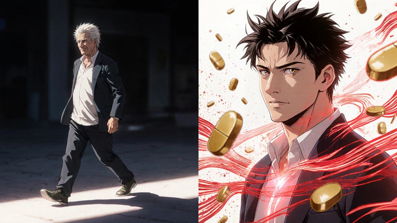 Before and after DBS: man frozen in stiffness vs. walking freely with implant glowing