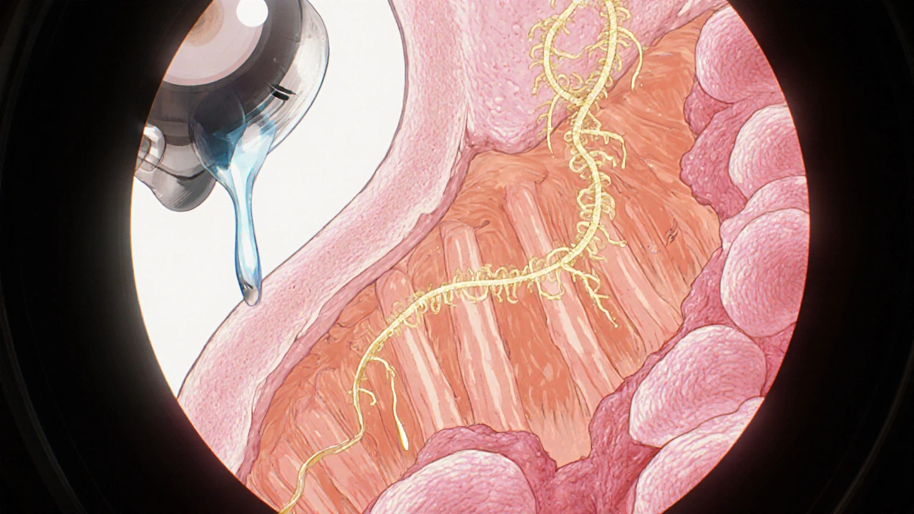 Endoscope view inside esophagus showing abnormal tissue transformation with glowing DNA strands.