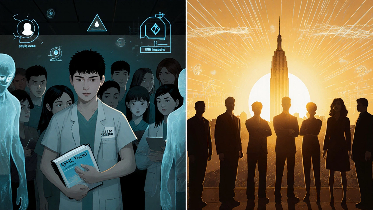 Exhausted lab team besieged by metabolite specters, then standing triumphant with EHR alerts and rising clinic.