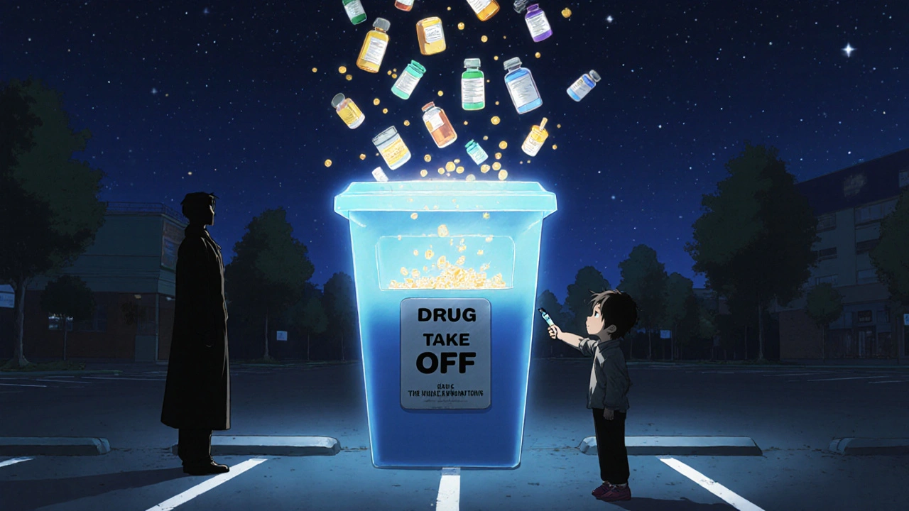 Expired medications dissolving into light at a pharmacy drop-off bin, a child placing in an insulin pen.