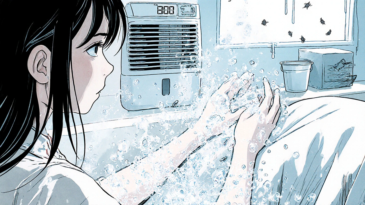 Hands washing bedding in hot water, with dust mites vanishing in steam, a dehumidifier and timer visible in the background.