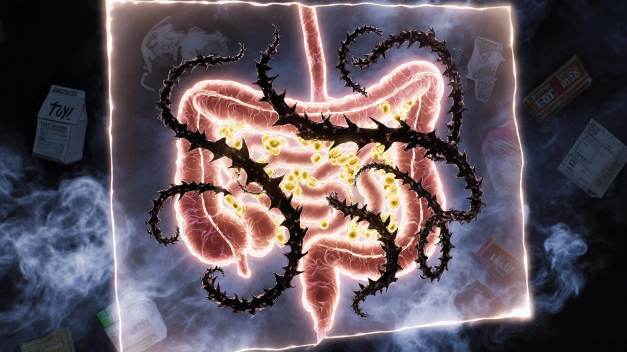 Holographic intestine with thyroid medication blocked by soy-shaped vines