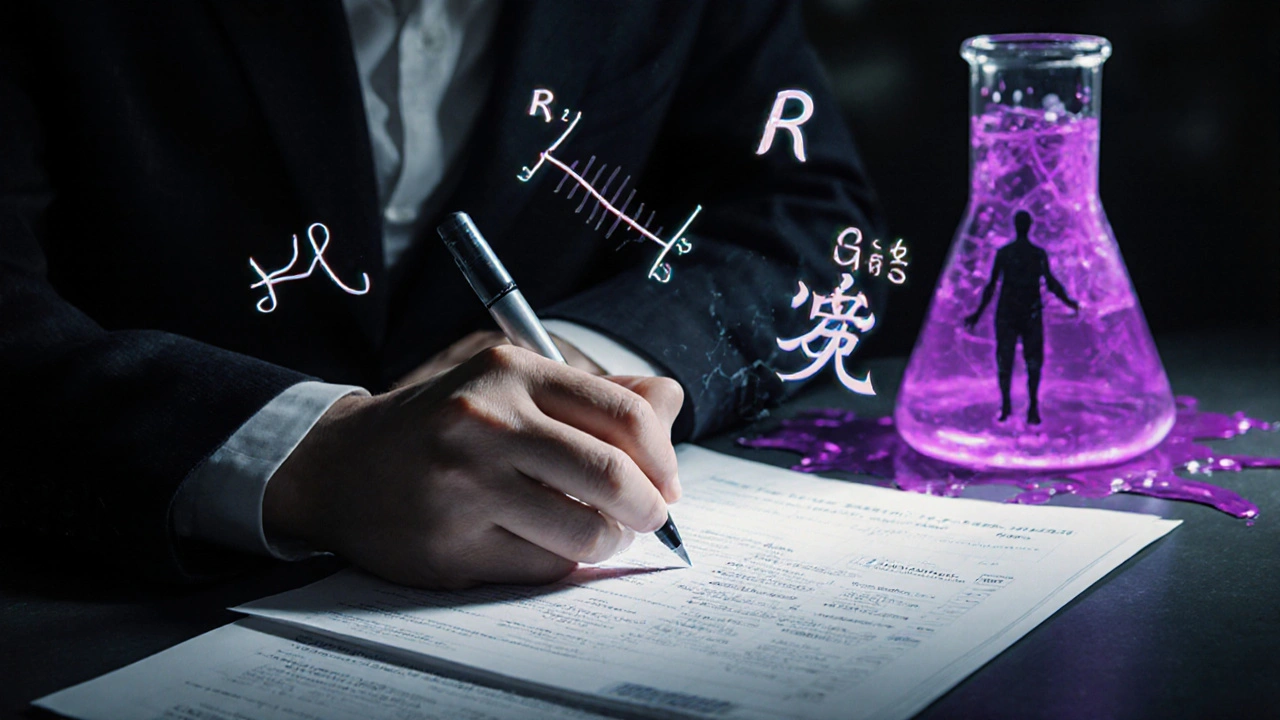 Lab director signing report as spectral graphs float, spilled liquid forms patient silhouette under harsh lights.