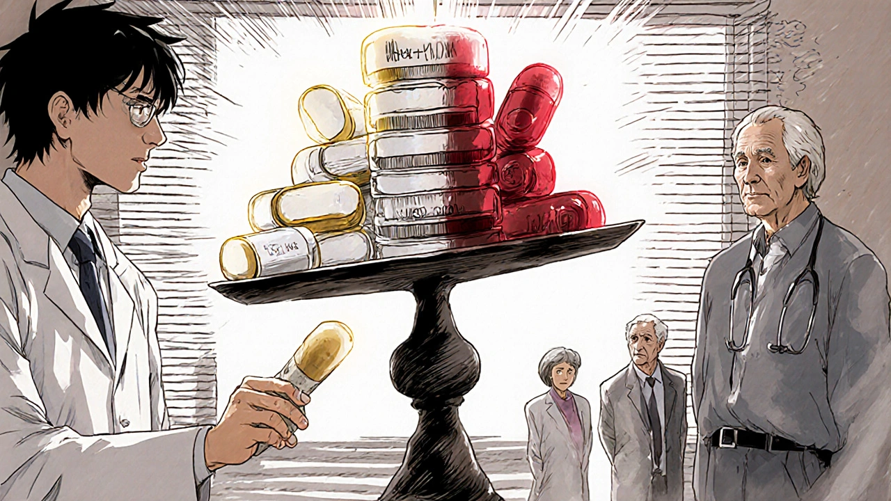 Medications on a scale: safe antidepressants glowing vs. high-risk drugs radiating dark energy.