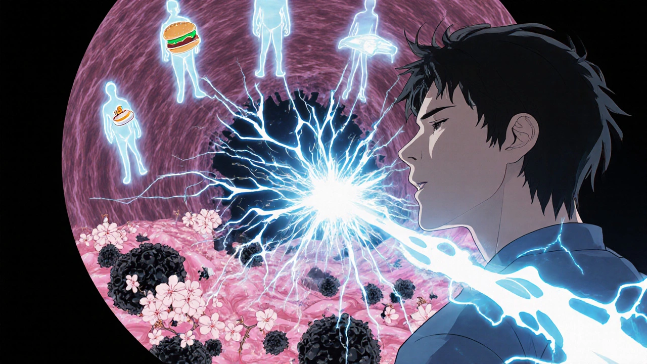 Patient undergoing ablation as energy destroys corrupted cells and healthy tissue regenerates like blossoms.