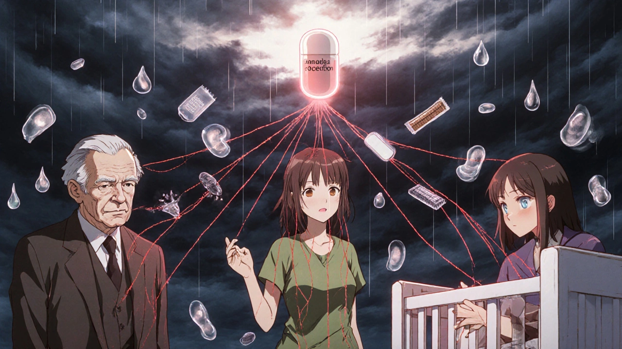 Patients connected by threads to a pill as soy symbols fall like rain