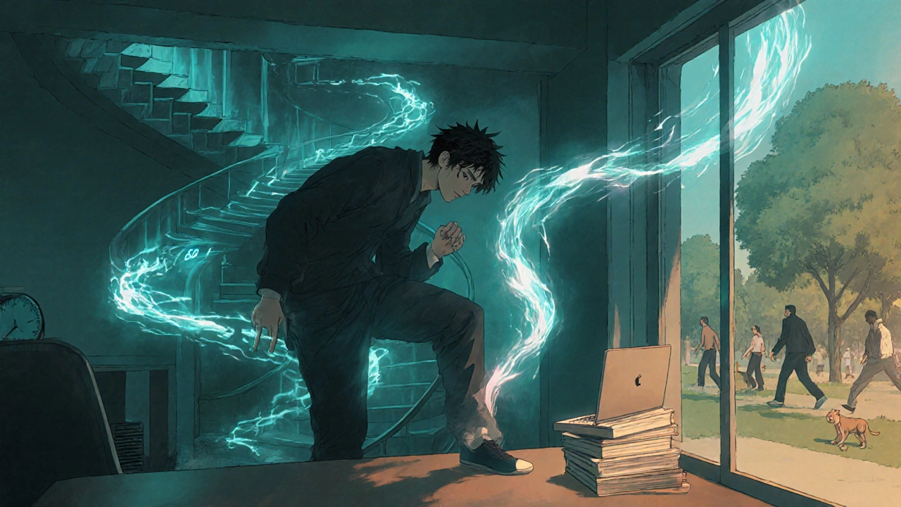 Person standing at a desk with energy streams rising as stairs glow behind them.