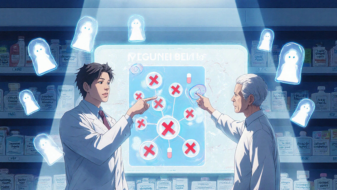Pharmacist and senior patient examining a glowing chart that removes unnecessary pills with red Xs.