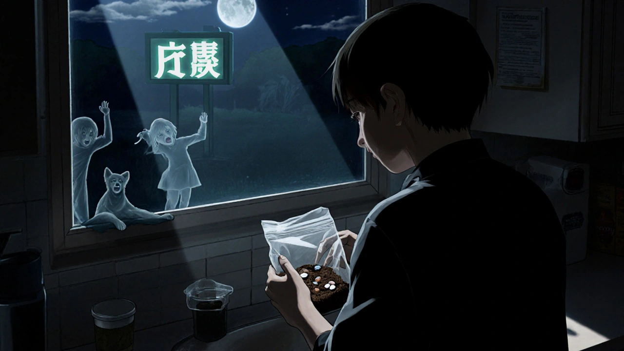 Someone mixing expired pills with coffee grounds in a sealed bag, with ghostly figures recoiling.