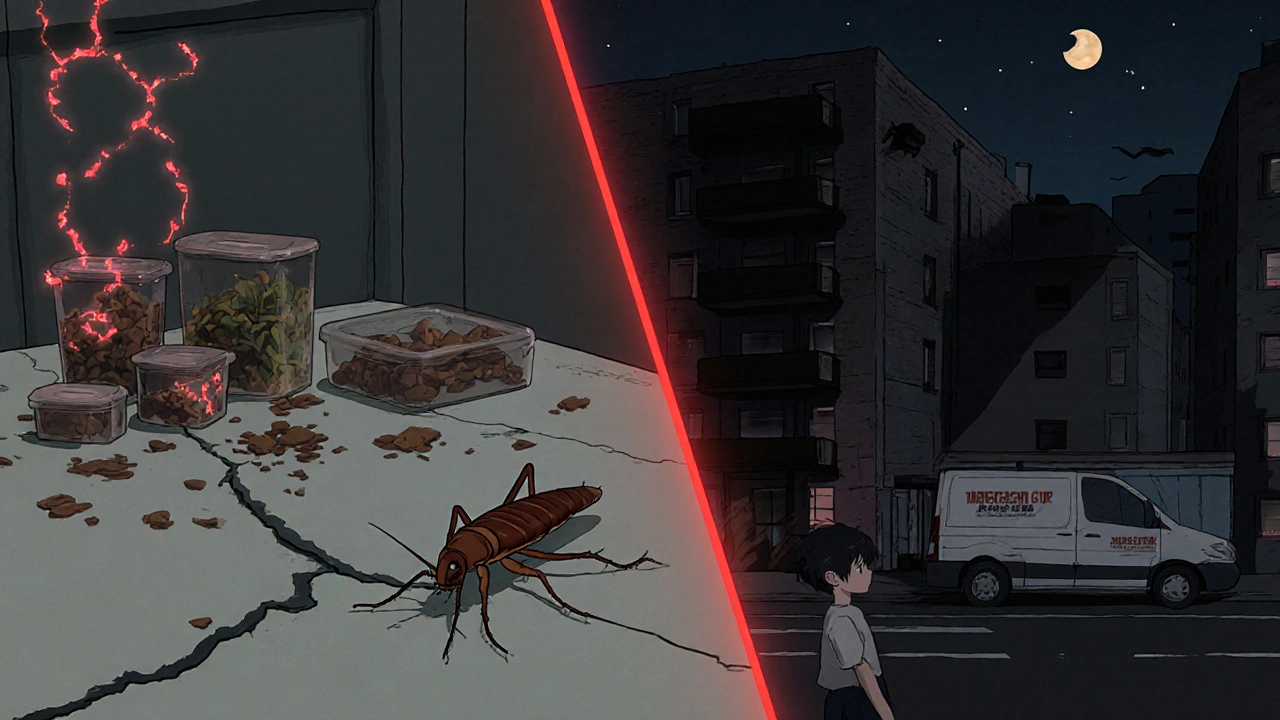 Split scene: cockroaches and allergens in a messy kitchen vs. a clean, sealed home with bait stations and professional extermination.