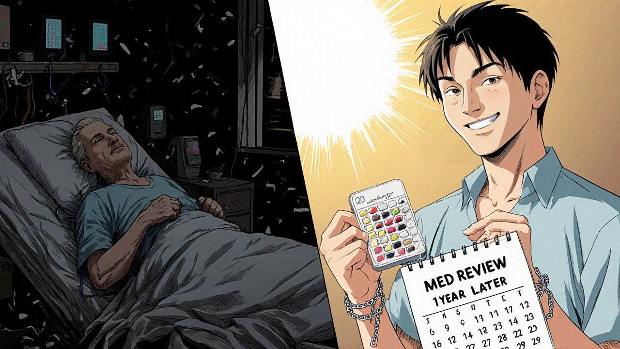 Split scene: hospital fall on left, peaceful home life on right after medication review.