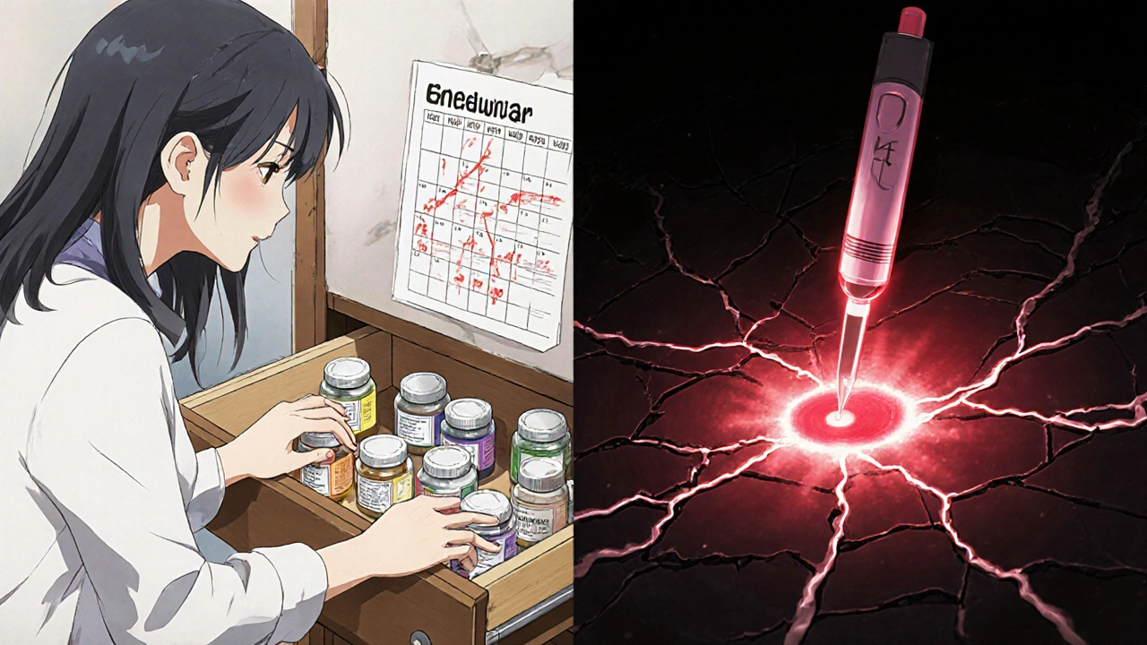 Split scene: organized meds in safe storage vs. corrupted expired drugs with dark cracks in anime style.