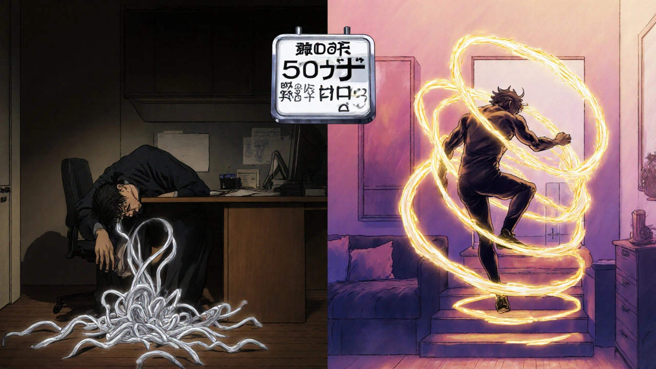 Split scene: sedentary person with gray energy vs. active person climbing stairs with golden energy.