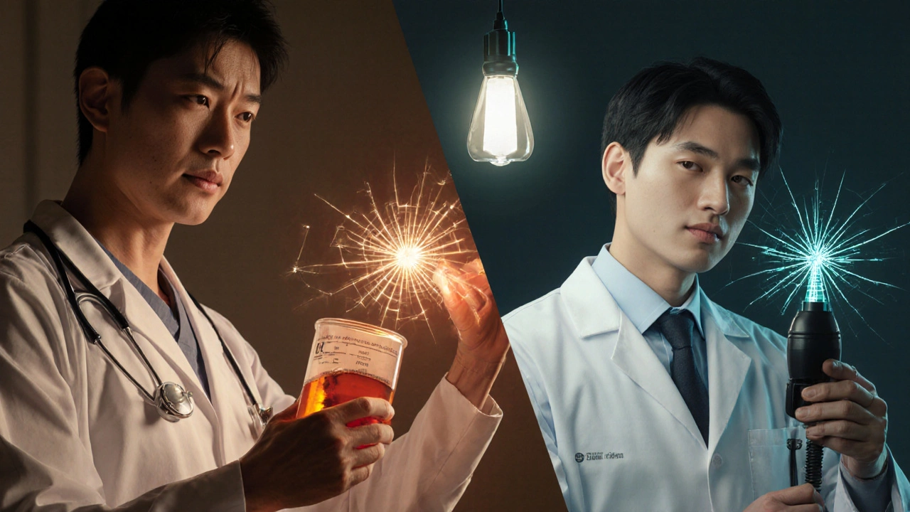 Split scene showing blood test with elevated CK on one side and nerve conduction device on the other.