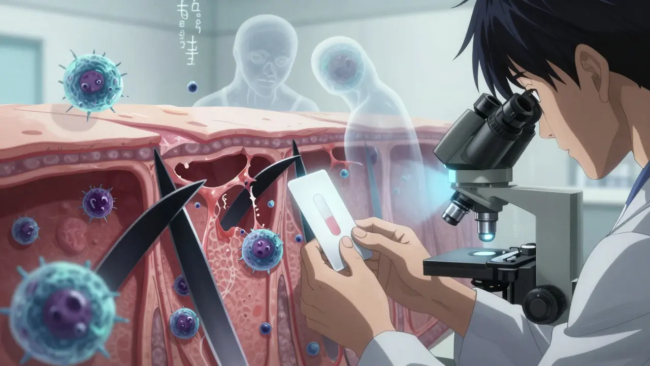 A doctor examining a skin biopsy under a microscope, with ghostly immune cells tearing through skin layers and genetic codes floating nearby.