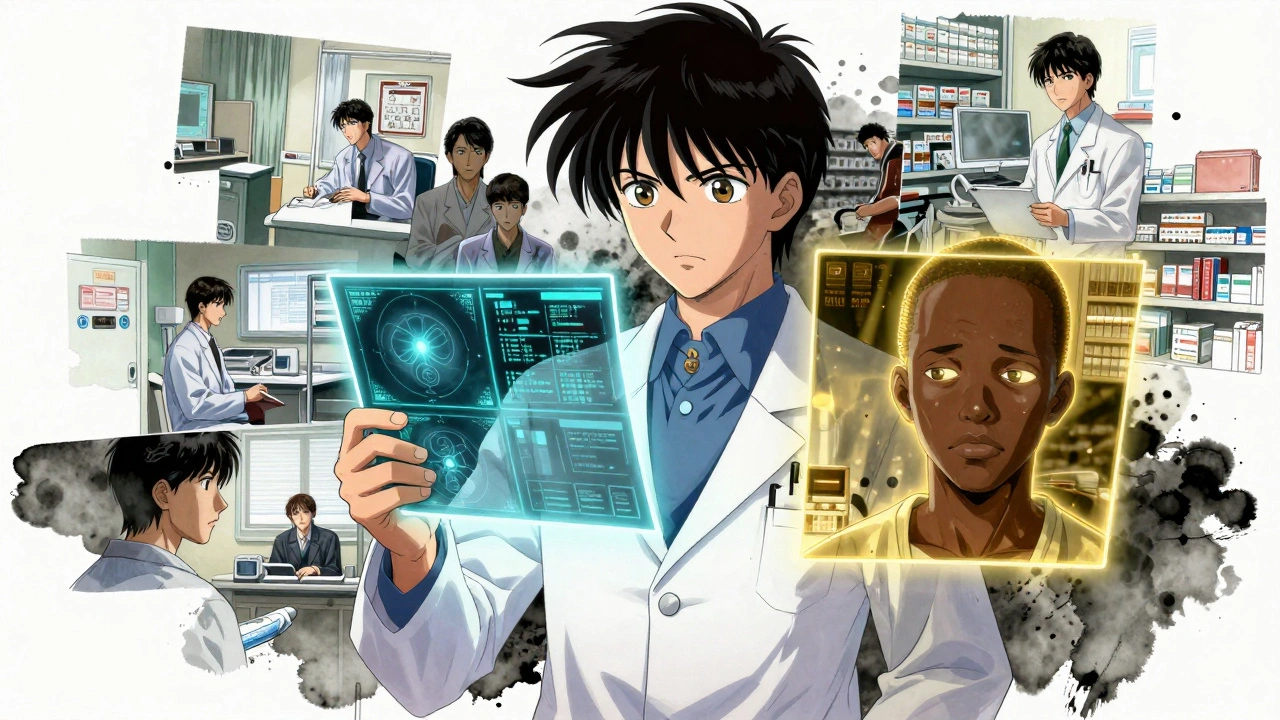 A doctor holds a genetic scan showing two patients with different enzyme activities, medical scenes fading around them.