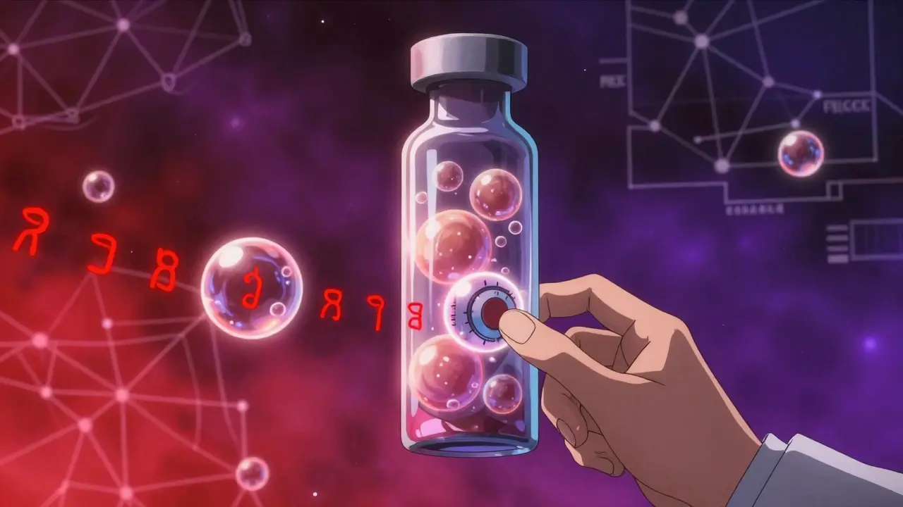 A liposomal injection vial with glowing particles, one drifting off-course triggering warning symbols.