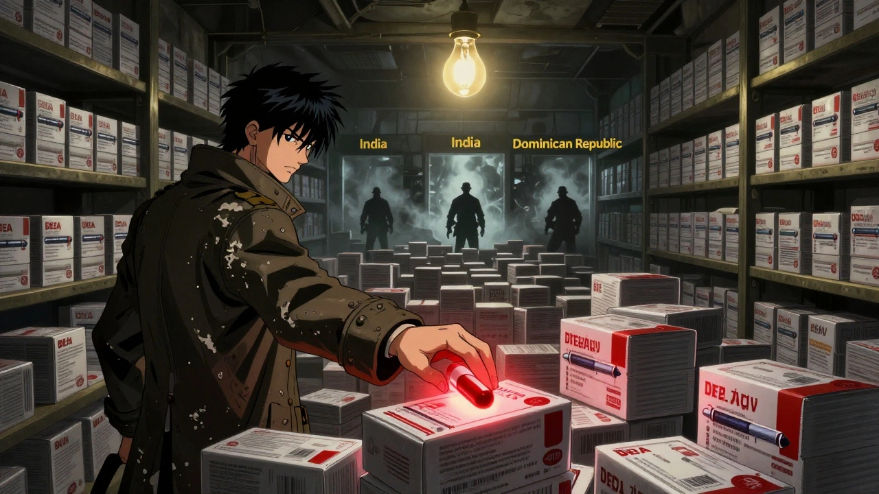 A massive warehouse of counterfeit medications glows under a single bulb, with a DEA agent reaching for a lethal pill.