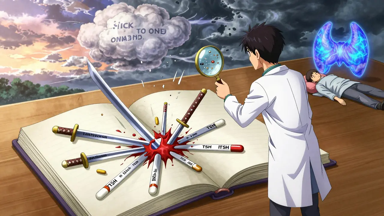 A medical journal battlefield where thyroid medication tablets clash like swords, with invisible fillers raining down.