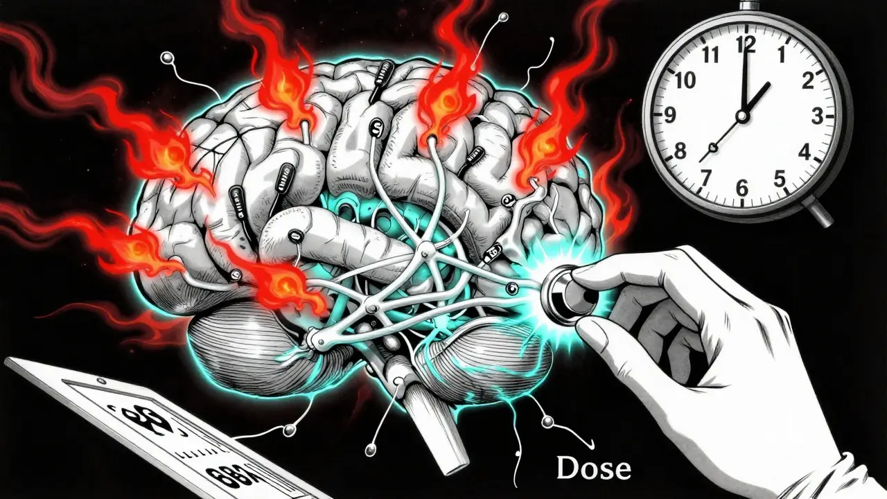 A neural network brain suppresses anxiety with GABA flow, controlled by a hand adjusting a dose dial.