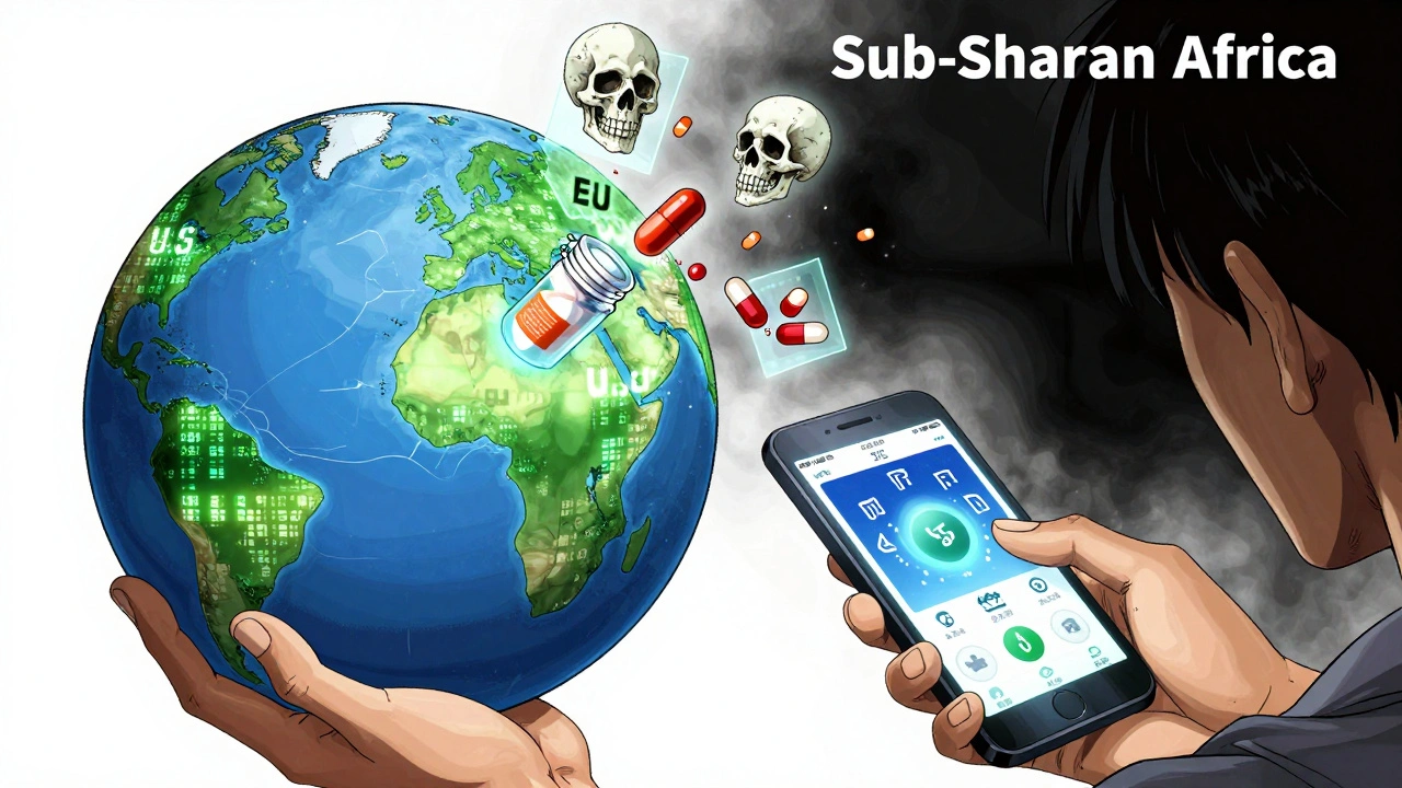 A patient holding a pill bottle beneath a fractured globe, with secure and counterfeit drug symbols floating around.