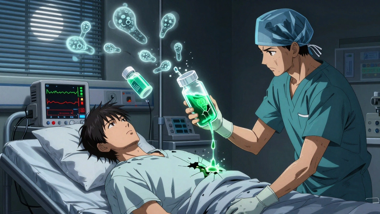 A patient in a hospital bed with flatlining monitor, ghostly CO2 molecules vanishing, prescription bottles hovering above.