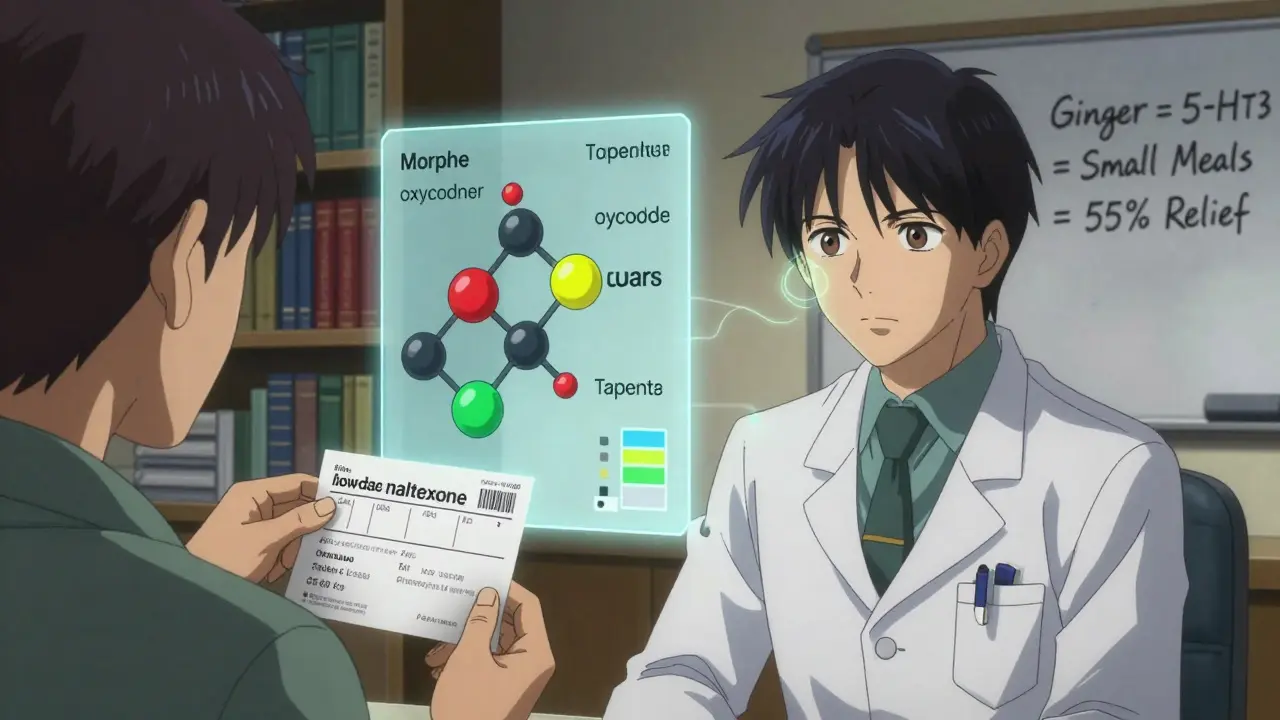 A patient receives a naltrexone prescription as a floating chart compares opioid nausea risks, bathed in dramatic office lighting.
