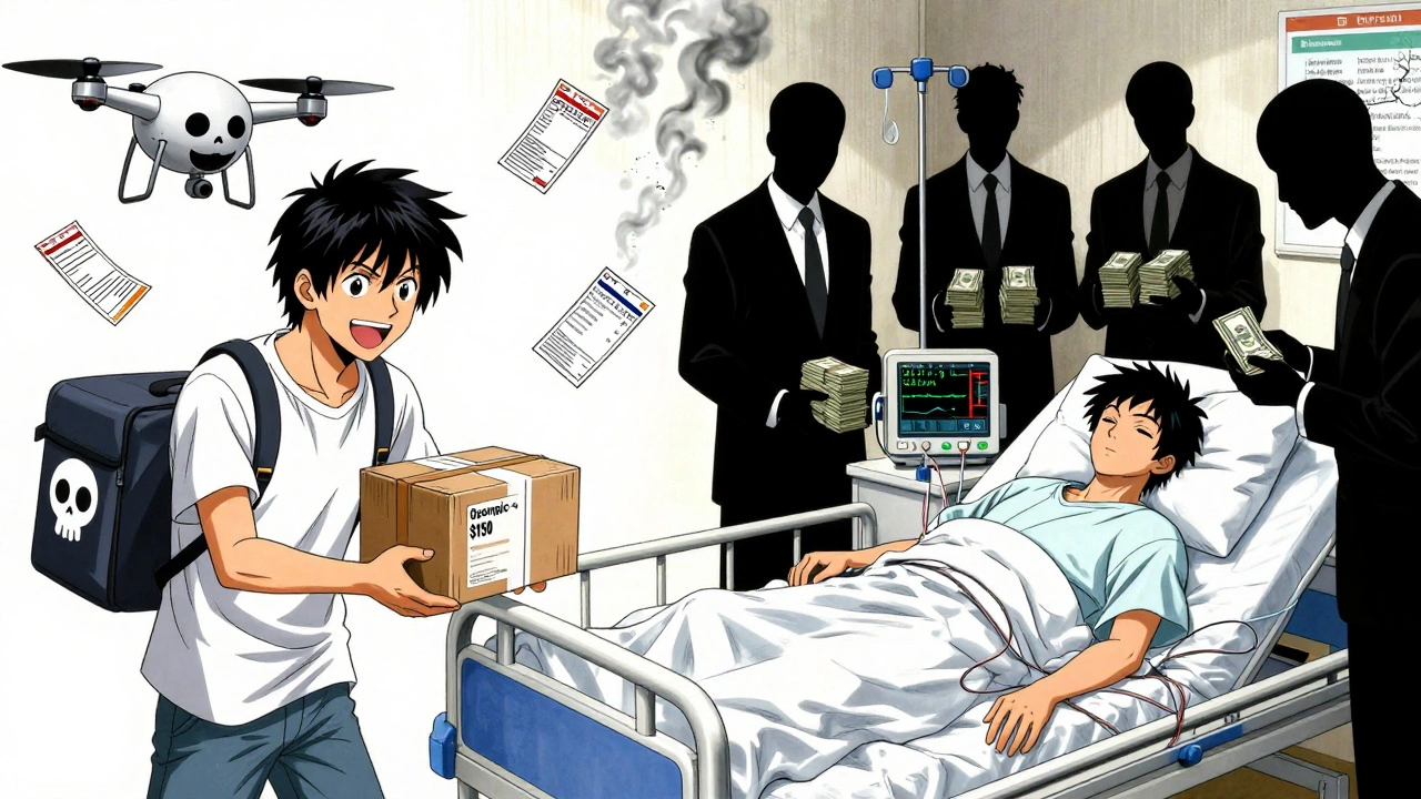 A person receives a fake weight-loss drug package, then collapses in a hospital as criminals count money in the background.