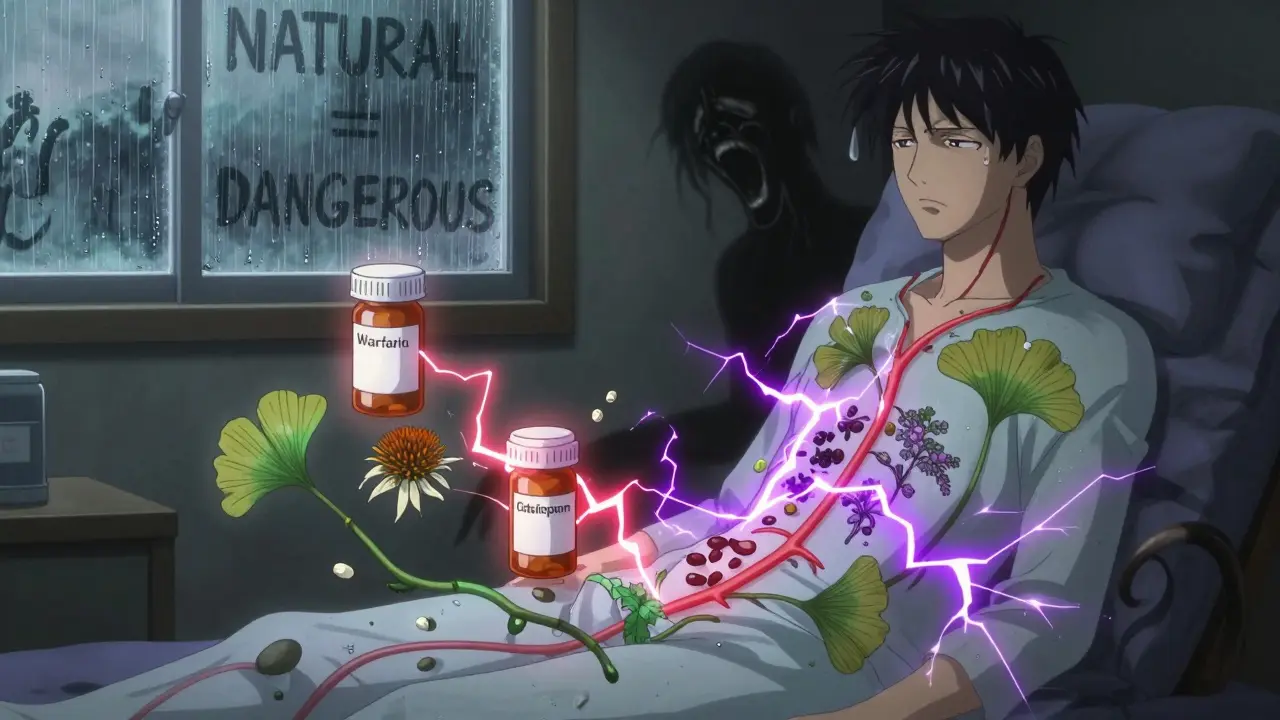 A person with herbal supplements as spectral vines entwined in their bloodstream, interacting dangerously with prescription bottles.