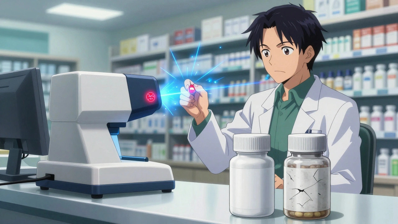 A pharmacist scanning a pill with a spectrometer; laser reveals fake chemical composition inside.