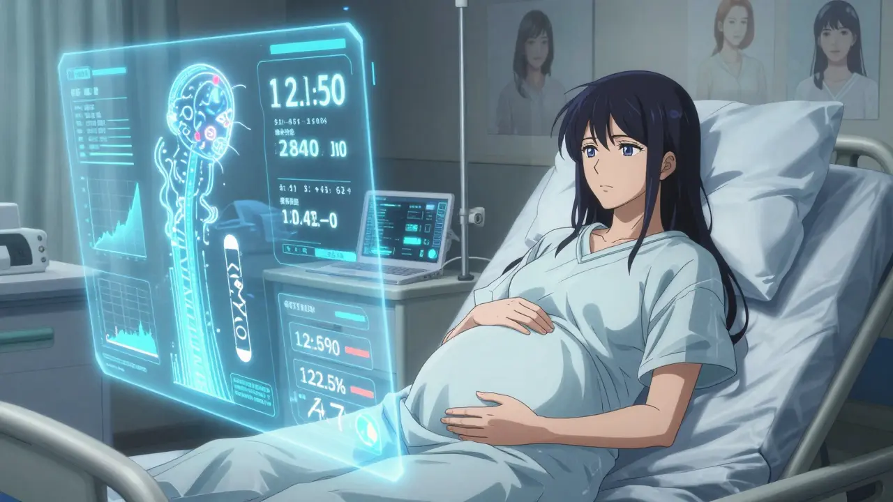 A pregnant woman views personalized mental health data as floating symbols and holographic risk stats above her bed.