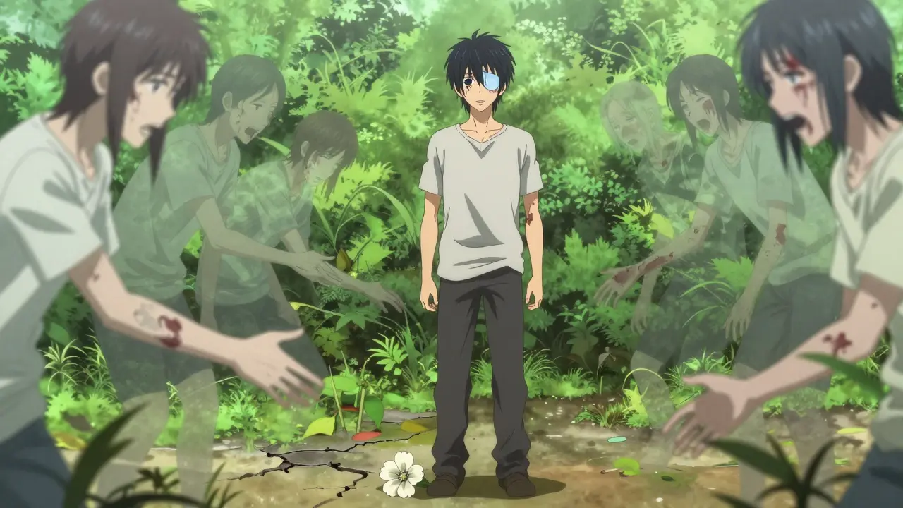 A survivor in a garden with facial scarring and an eye prosthesis, haunted by translucent images of their past self, a flower growing from cracked ground.