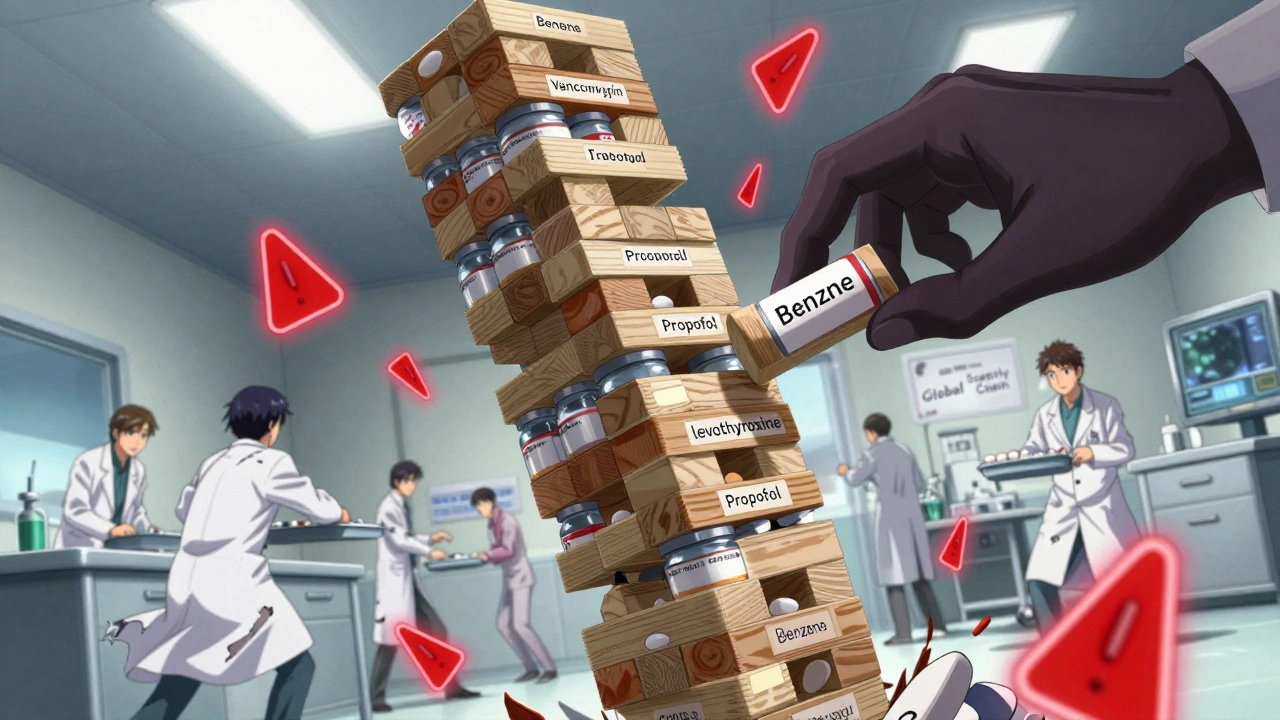 A towering Jenga structure of drug vials collapsing over a hospital ER, one critical block being pulled away by a shadowy hand.