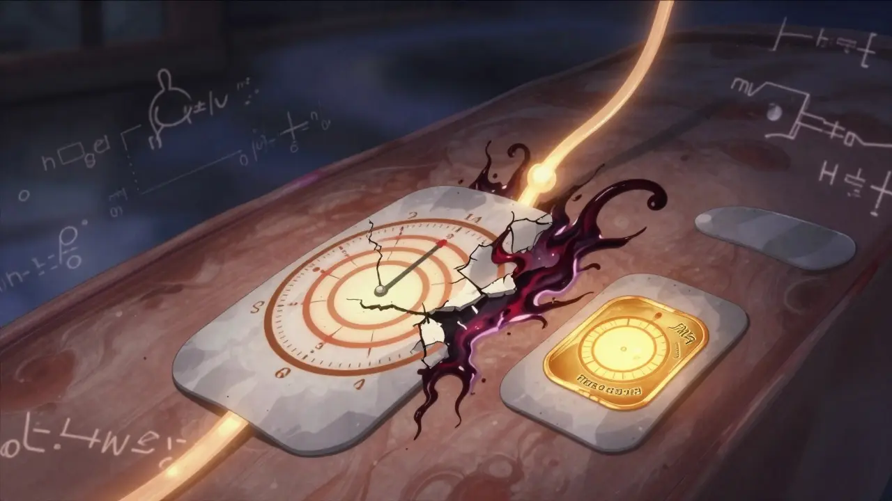 A transdermal patch slowly releasing medication through skin, with time-based release rings and a failing patch peeling off.