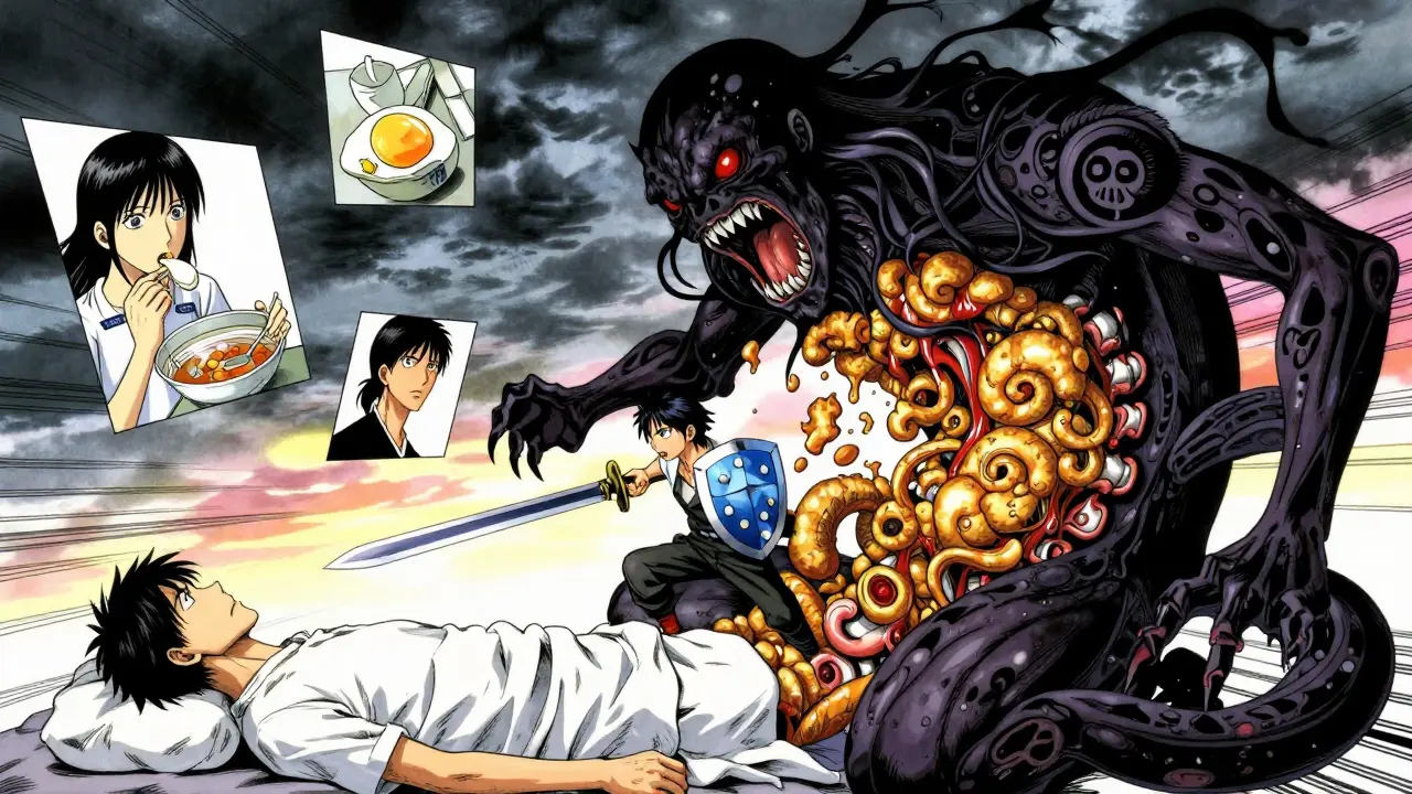 A warrior fights a nausea monster made of food and inner ear symbols, armed with ginger and electrolytes, under a sunrise-storm sky.