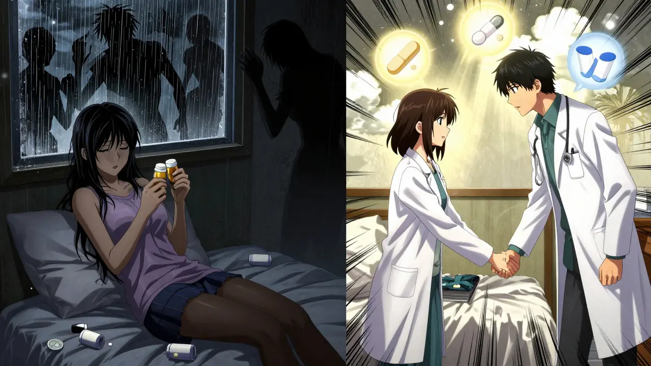 A woman contrasts despair with hope: alone in darkness versus supported in sunlight with medication symbols glowing.