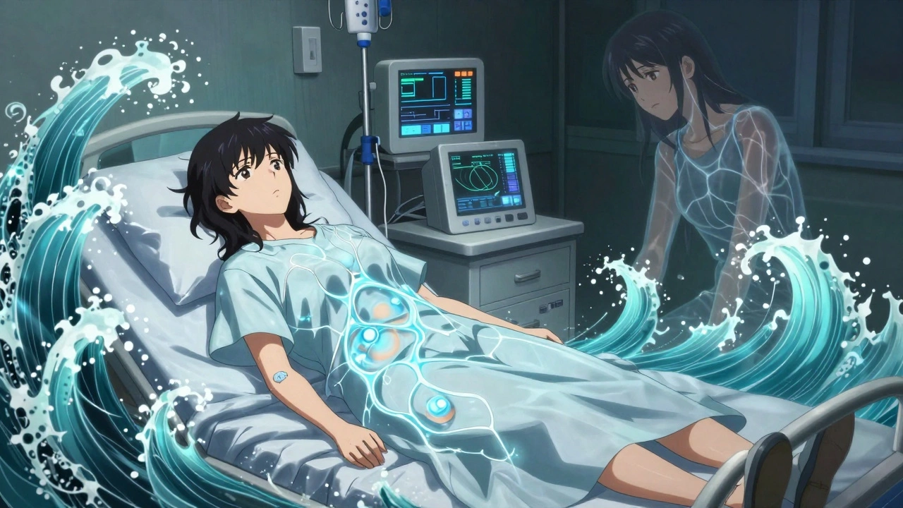 A woman receiving IV therapy for postpartum depression, surrounded by glowing neural pathways and fading hormonal waves.