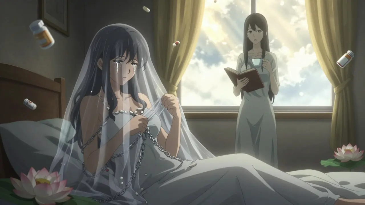 A woman sheds pill chains as her true self emerges, bathed in sunlight with therapy symbols nearby.