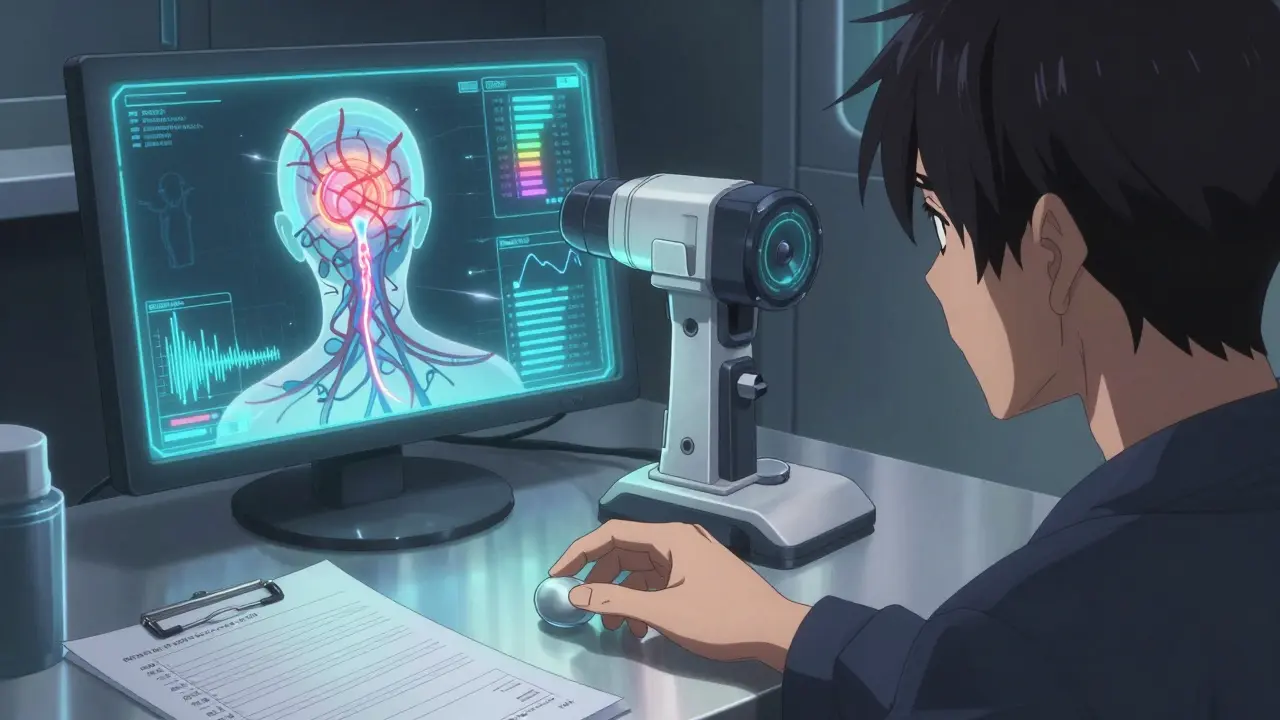 An audiologist scanning a patient's auditory nerve with glowing tech, revealing toxic traces, in a futuristic clinic setting.
