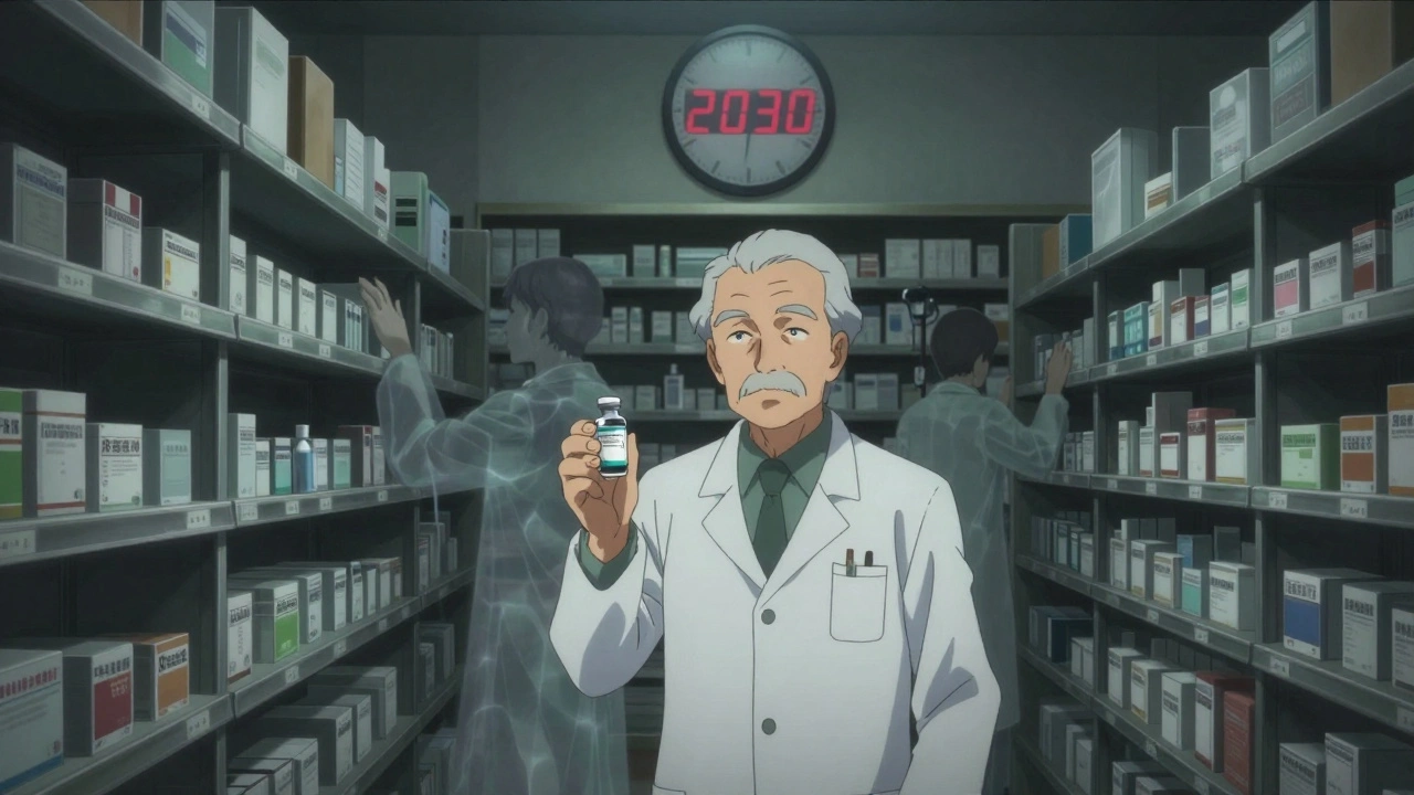 An elderly pharmacist holds a single insulin vial in a half-empty pharmacy, ghostly shelves fading behind him as a clock ticks to 2030.